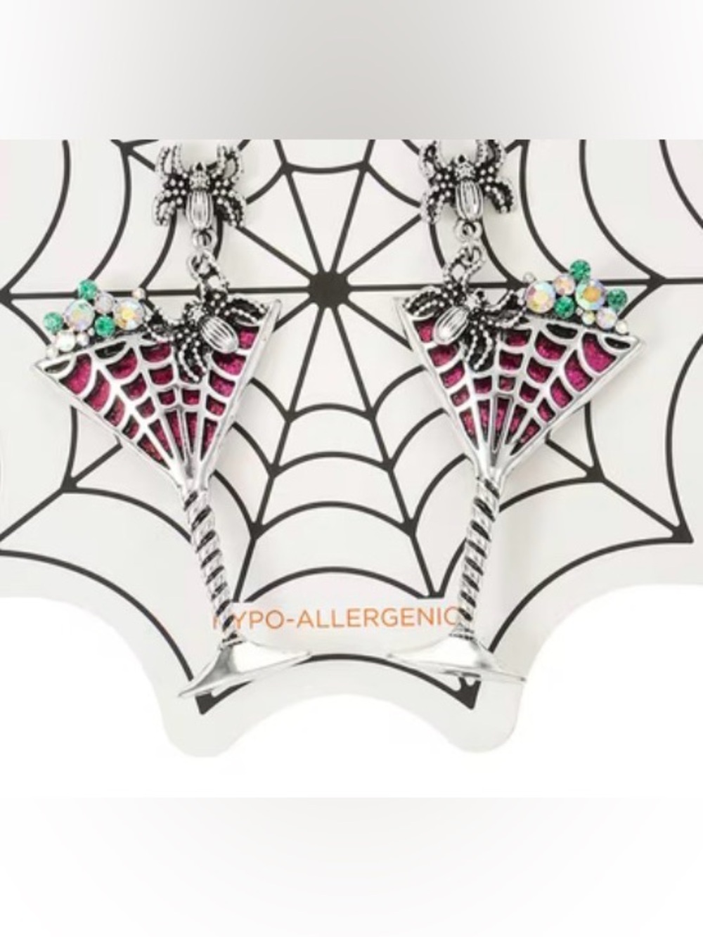Silver / Black Spooky Spiderweb Cocktail Halloween Earrings Crystal Accents NWT